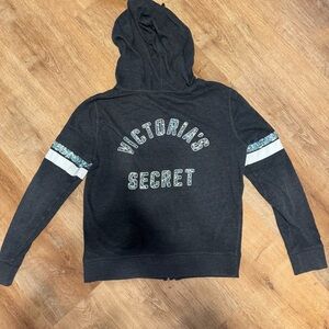 Victoria’s Secret Charcoal Grey Sequin Bling Zip Up Hoodie Medium Angel Wings